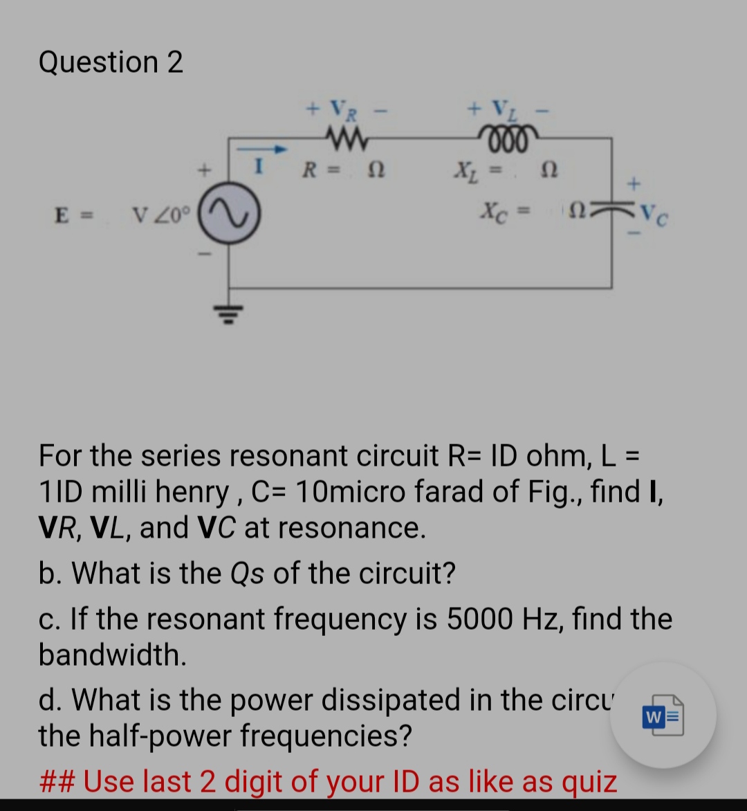 Answered Question 2 Vr Vl X 0 Xc R W Bartleby