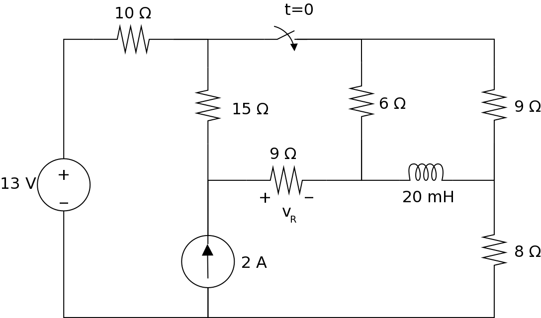 Answered: 10 Q t=0 15 Q 6 Ω 13 V 20 mH V, 2 A | bartleby