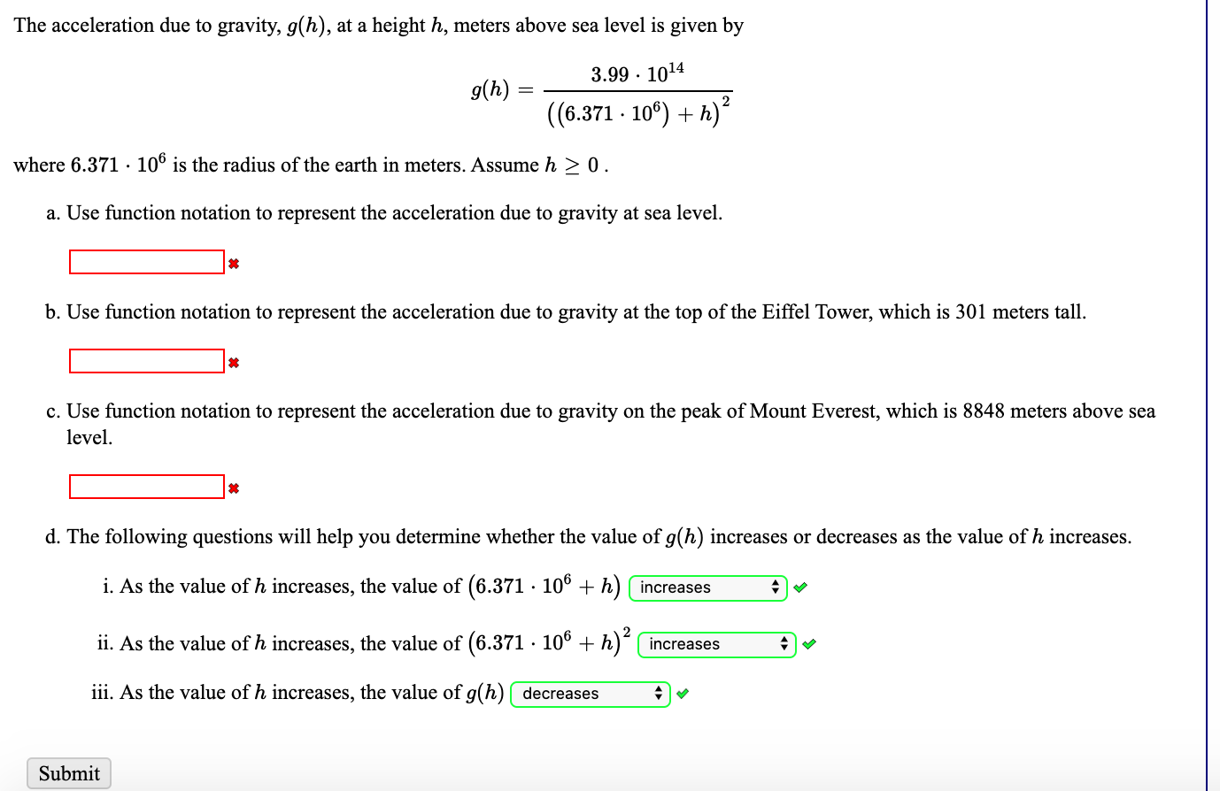 Answered The Acceleration Due To Gravity G H Bartleby