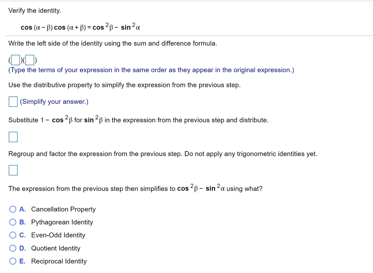 Answered Verify The Identity Cos A B Cos A Bartleby