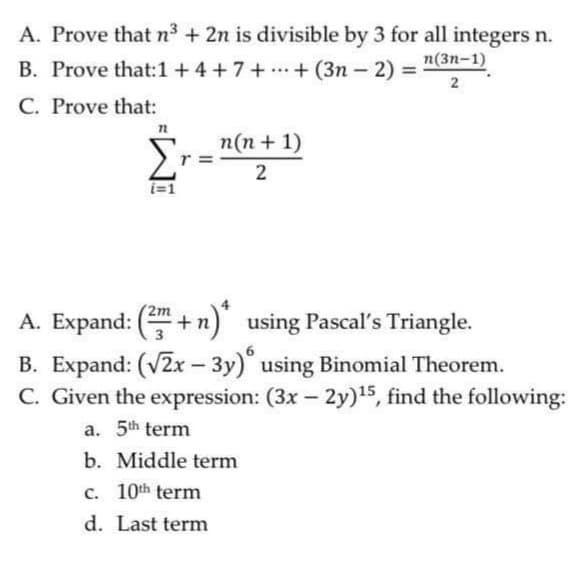 Answered: A. Prove that n3 + 2n is divisible by 3… | bartleby