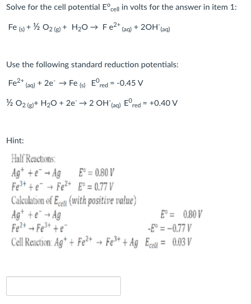 Answered Solve For The Cell Potential E Cell In Bartleby