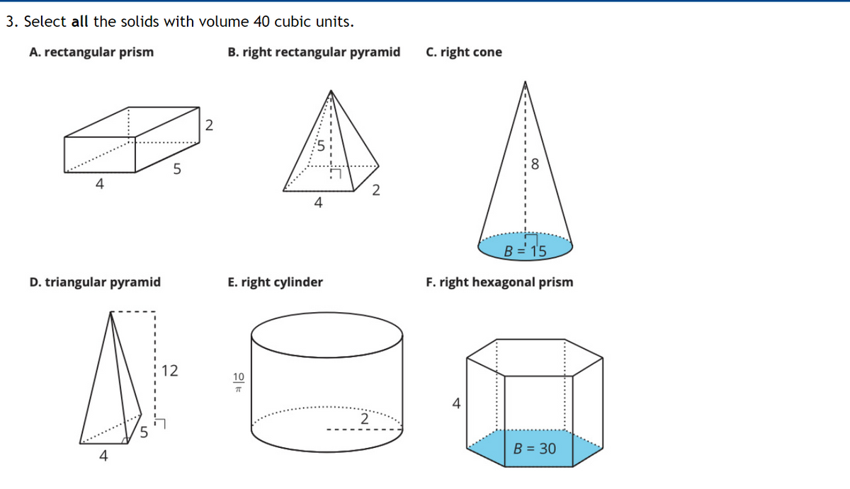 Answered: 3. Select all the solids with volume 40… | bartleby