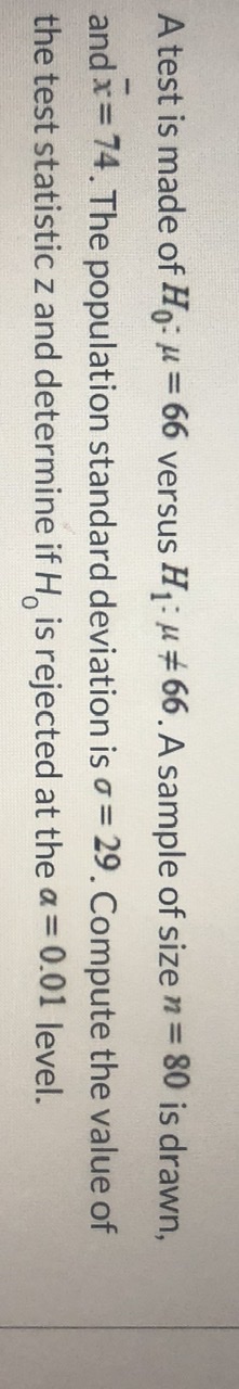 Answered A Test Is Made Of Ho U 66 Versus H1 Bartleby