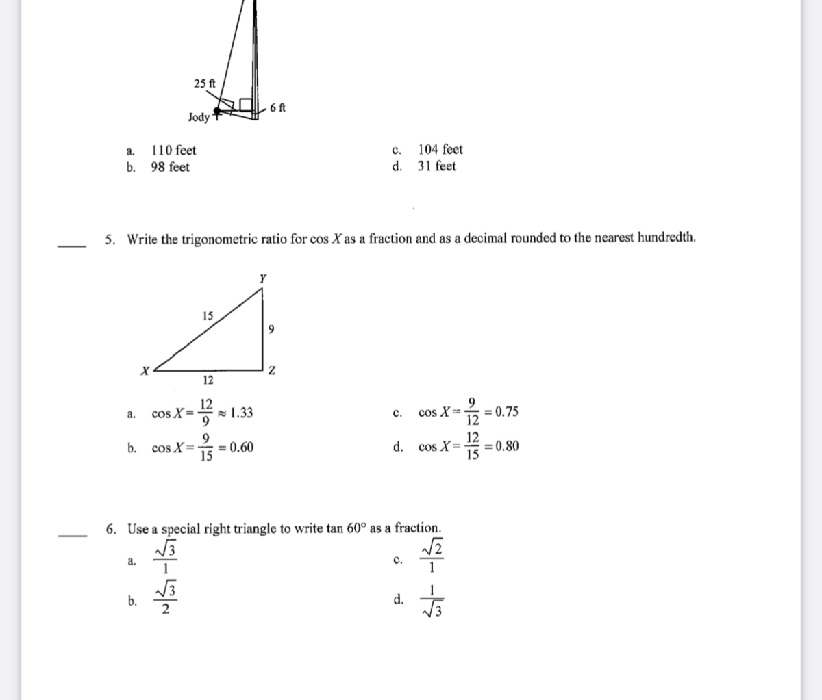 Answered: 5. Write the trigonometric ratio for… | bartleby