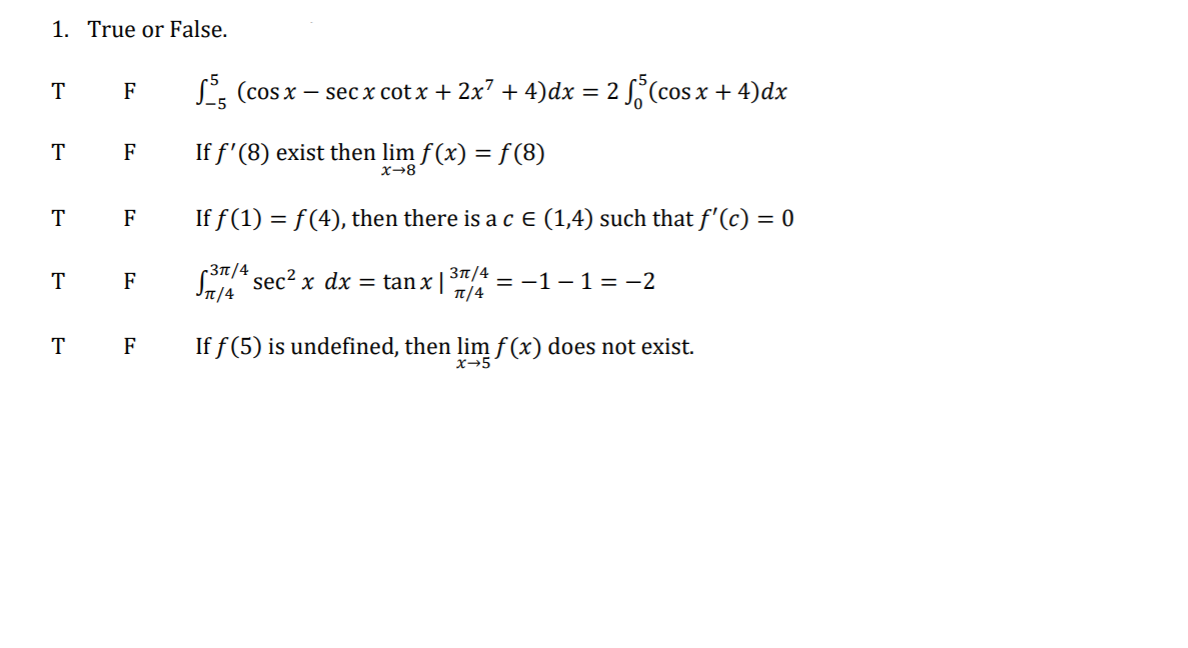 Answered 1 True Or False T F L Cosx Sec X Bartleby