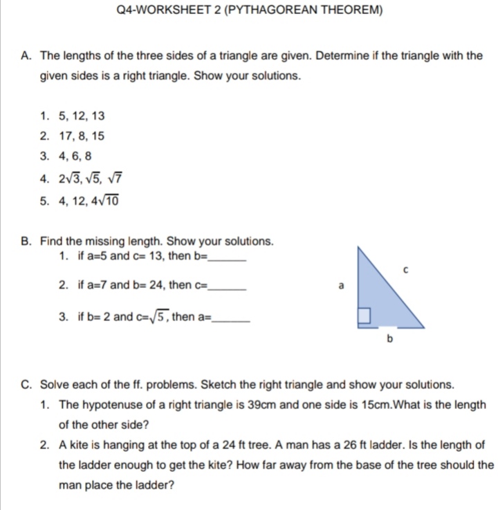 Answered Worksheet 2 Pythagorean Theorem A Bartleby