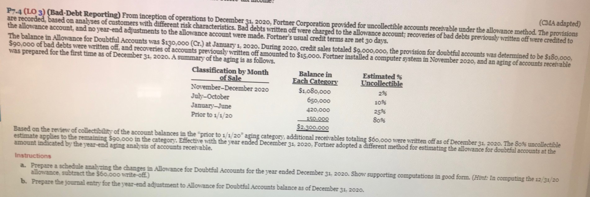 P7.4 (LO 3) (Bad-Debt Reporting) From inception of operations to December 31, 2020, Fortner Corporation provided for uncollectible accounts receivable under the allowance method. The provisions
are recorded, based on analyses of customers with different risk characteristics. Bad debts written off were charged to the allowance account; recoveries of bad debts previously written off were credited to
the allowance account, and no year-end adjustments to the allowance account were made. Fortner's usual credit terms are net 30 days.
(CMA adapted)
The balance in Allowance for Doubtful Accounts was $130,000 (Cr.) at January 1, 2020. During 2020, credit sales totaled $9,000,000, the provision for doubtful accounts was determined to be $180,000,
$90,000 of bad debts were written off, and recoveries of accounts previously written off amounted to $15,000. Fortner installed a computer system in November 2020, and an aging of accounts receivable
was prepared for the first time as of December 31, 2020. A summary of the aging is as follows.
Classification by Month
of Sale
Balance in
Each Category
Estimated %
Uncollectible
November-December 2020
$1,080,000
650,000
2%
July-October
10%
January-June
Prior to 1/1/20
25%
80%
420,000
150.000
$2,300,000
Based on the review of collectibility of the account balances in the "prior to 1/1/20" aging category, additional receivables totaling $60,000 were written off as of December 31, 2020. The So% uncollectible
estimate applies to the remaining $90,000 in the category. Effective with the year ended December 31, 2020, Fortner adopted a different method for estimating the allowance for doubtful accounts at the
amount indicated by the year-end aging analysis of accounts receivable.
Instructions
a. Prepare a schedule analyzing the changes in Allowance for Doubtful Accounts for the year ended December 31, 2020. Show supporting computations in good form. (Hint: In computing the 12/31/20
allowance, subtract the $60,00O write-off.)
b. Prepare the journal entry for the year-end adjustment to Allowance for Doubtful Accounts balance as of December 31, 2020.
