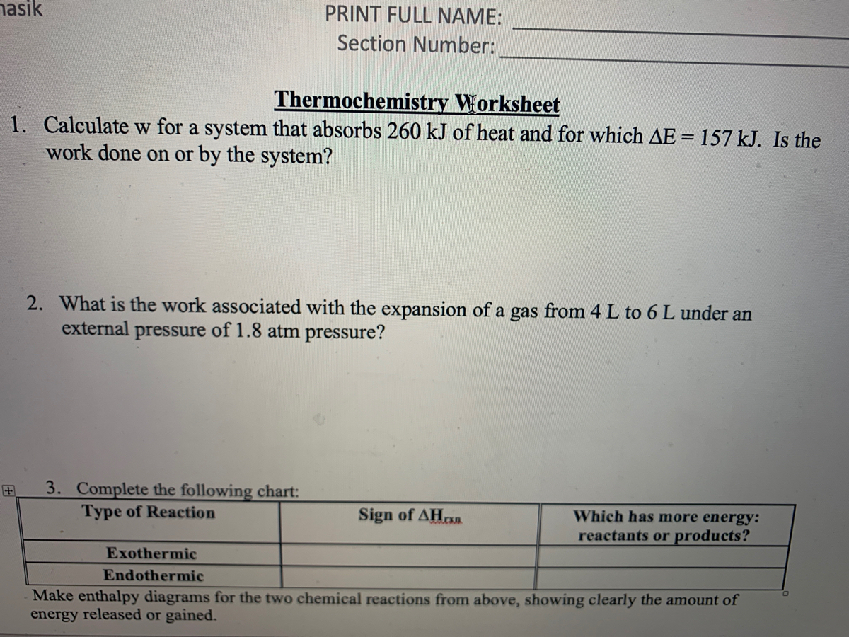 Thermochemistry Problems Worksheet Number 1