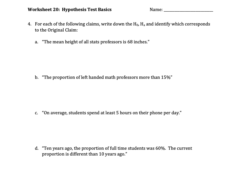 Answered: Worksheet 20: Hypothesis Test Basics… | bartleby