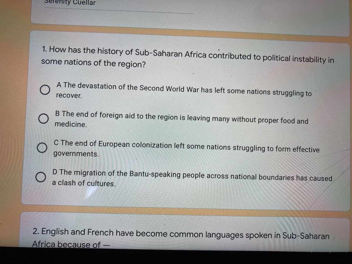 Answered: 1. How has the history of Sub-Saharan… | bartleby