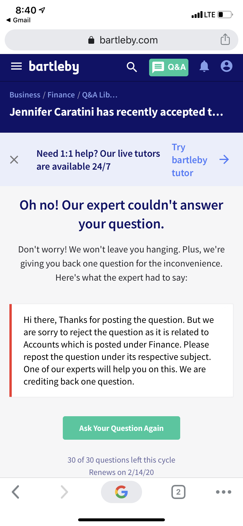 Answered: 8:40 1 Ll LTE O 1 Gmail Bartleby.com =… | Bartleby