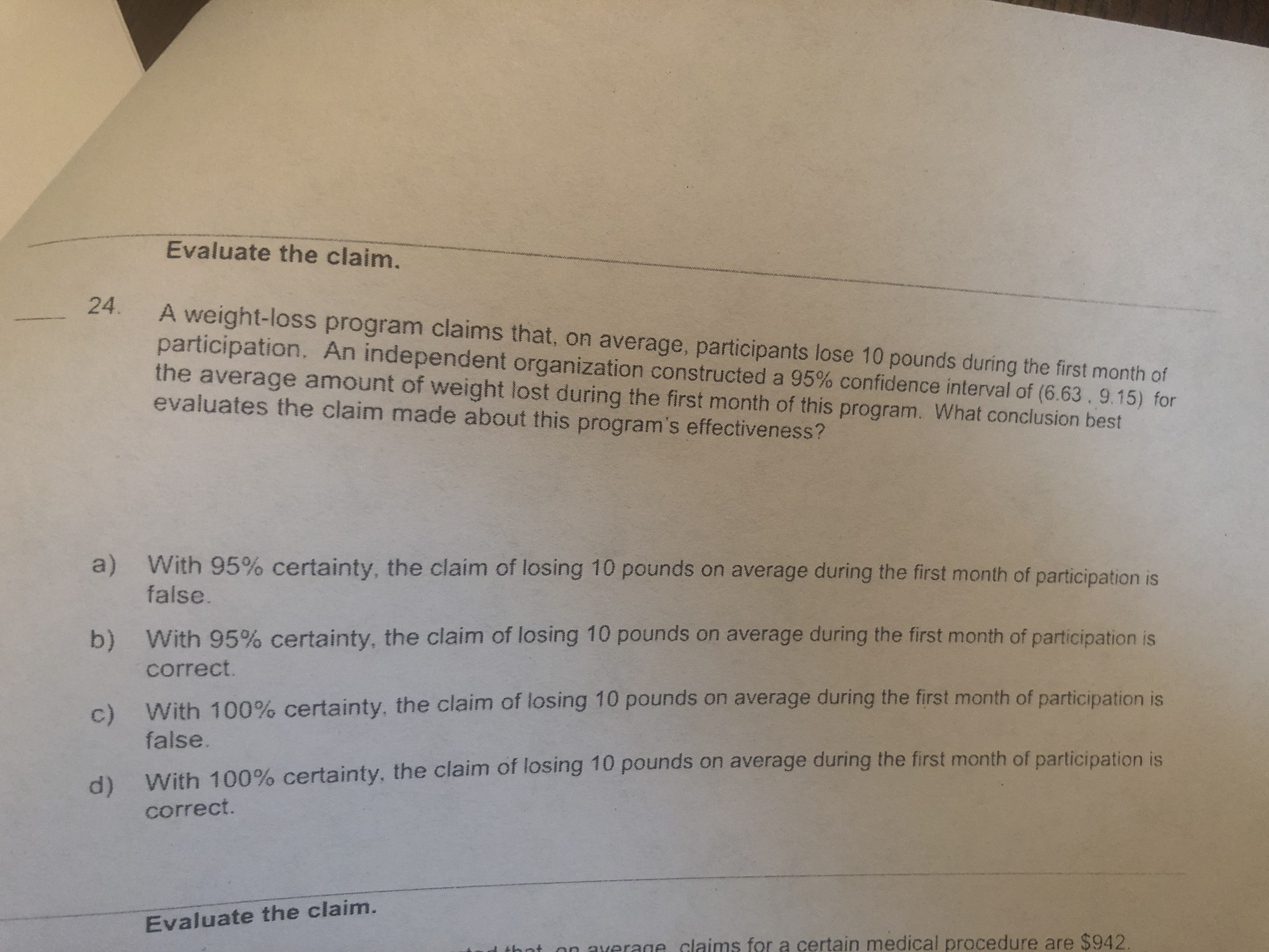 Answered: Evaluate the claim. 24. A weight-loss… | bartleby