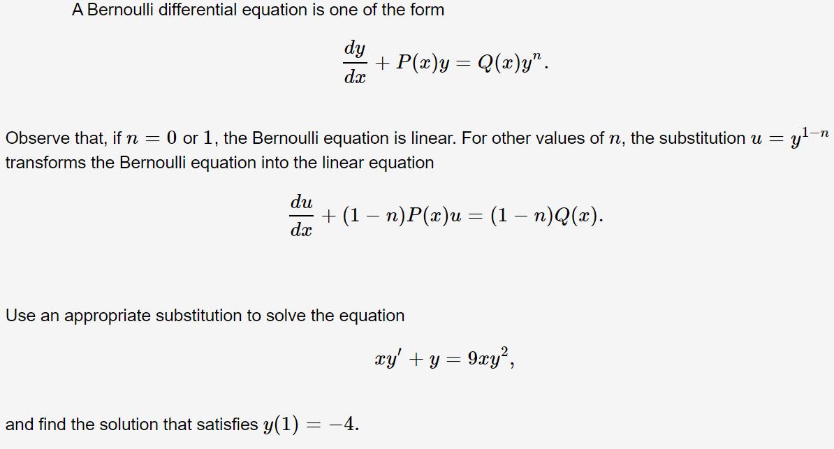 Answered A Bernoulli Differential Equation Is Bartleby