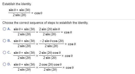 Answered: Establish the identity. sin 0+ sin (30)… | bartleby