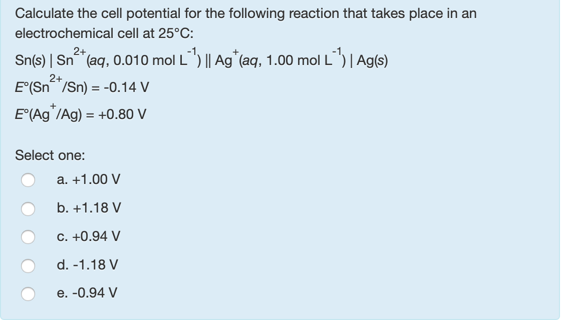 Answered Calculate The Cell Potential For The Bartleby