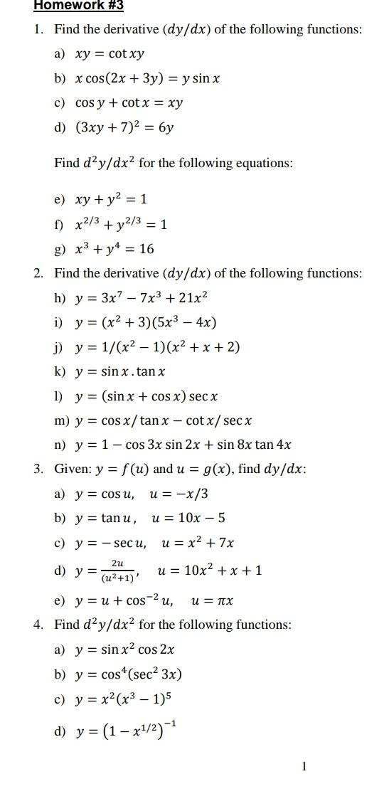 Answered Homework 3 1 Find The Derivative Bartleby