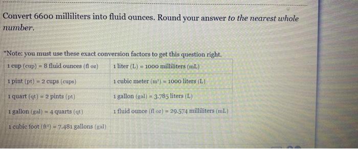 Answered Convert 6600 Milliliters Into Fluid Bartleby