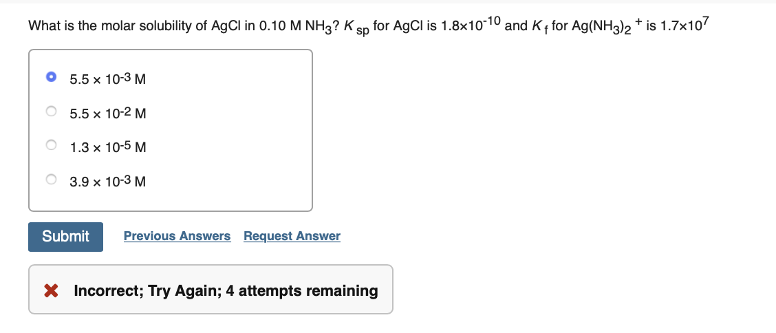 Answered What Is The Molar Solubility Of Agcl In Bartleby