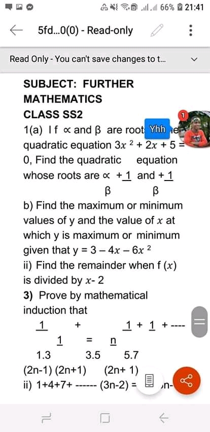 Answered Er Mathematics Class Ss2 1 A If X And Bartleby