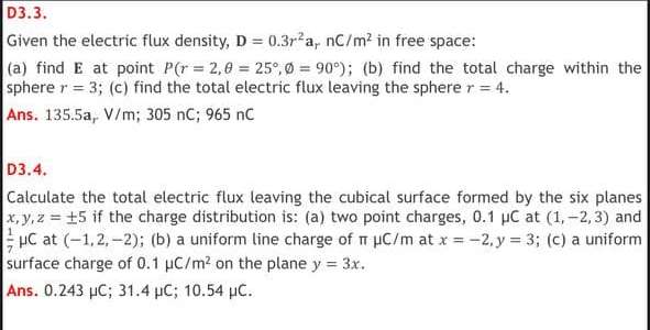 Answered D3 3 Given The Electric Flux Density Bartleby