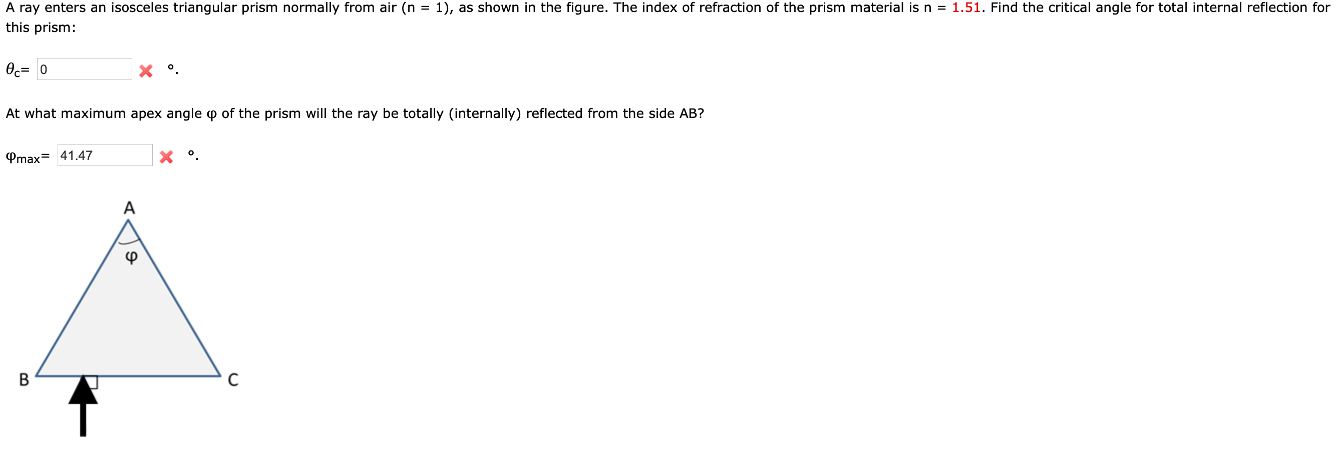 Answered: A ray enters an isosceles triangular… | bartleby