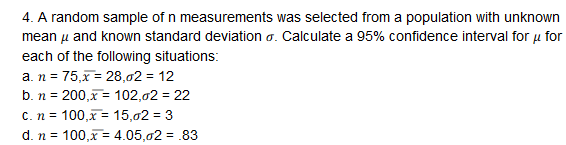 Answered 4 A Random Sample Of N Measurements Bartleby